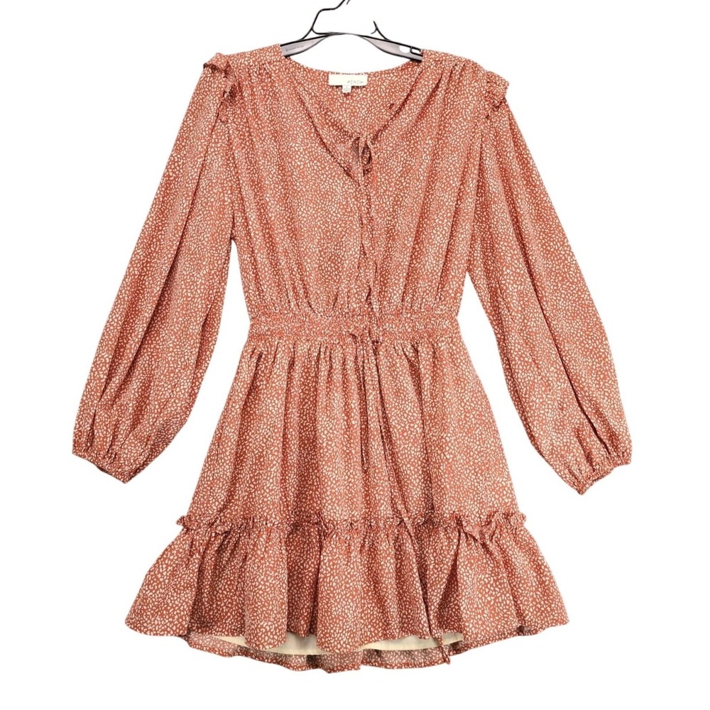 Pinch Phoenix Spotted‎ Tiered Puff Sleeve Dress S Keyhole Tie Neck Elastic Waist